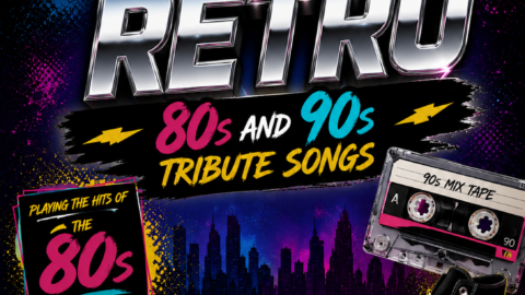 Nostalgic retro concert poster with 80s boombox, Rubik's cube, cassette, and 90s trainers inviting guests to music tribute.